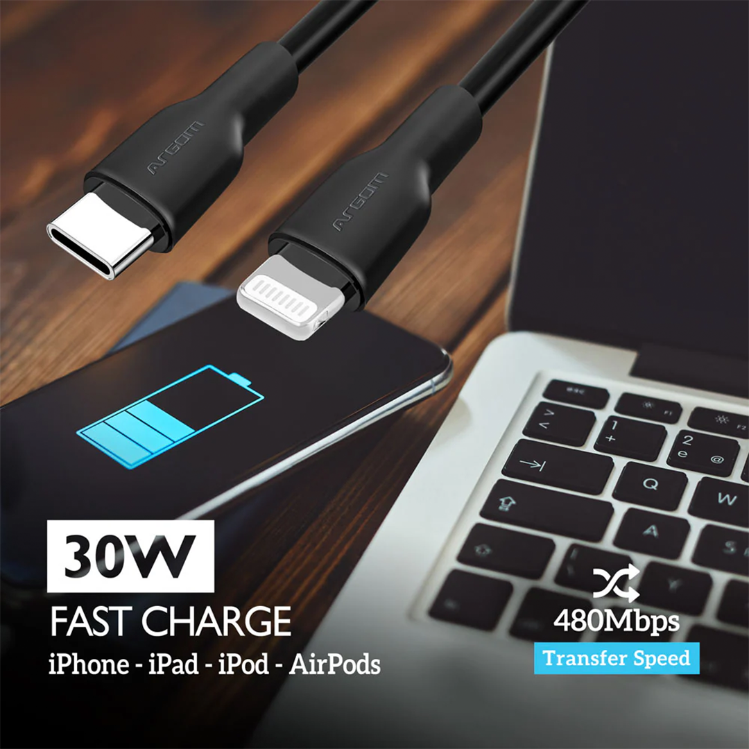 Argom Dura Flex Type-C to Lightning 30W Fast Charging Silicone Cable 6FT/1.8M - White - Image 3