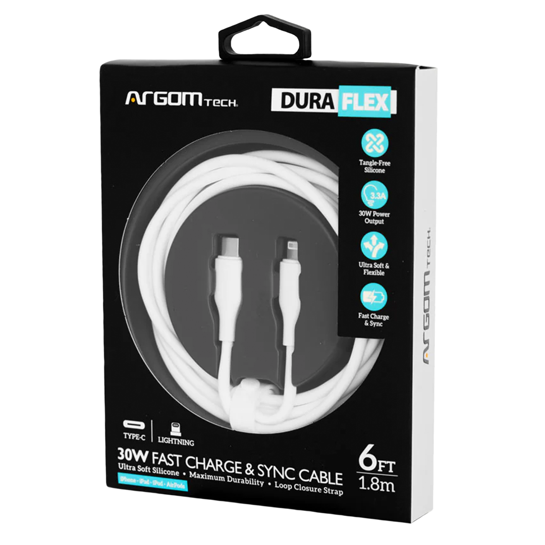 Argom Dura Flex Type-C to Lightning 30W Fast Charging Silicone Cable 6FT/1.8M - White - Image 2