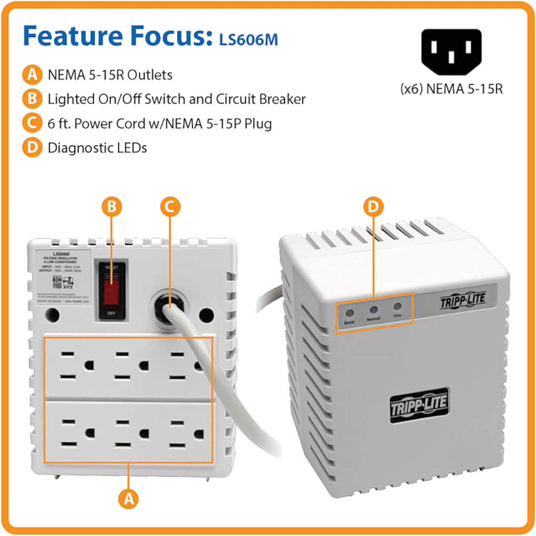 Tripp Lite LS606M 600W Power Conditioner with AVR & Surge Protection - Image 2