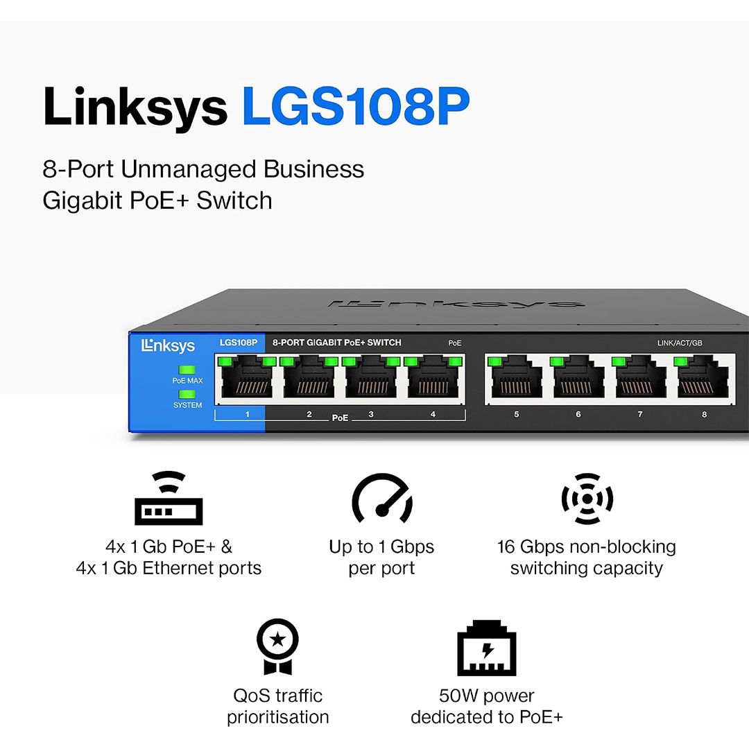 Linksys LGS108P 8 Port Gigabit PoE+ Network Switch - Image 3