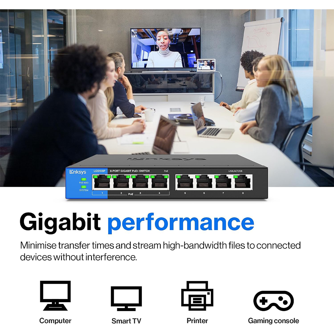 Linksys LGS108P 8 Port Gigabit PoE+ Network Switch - Image 2